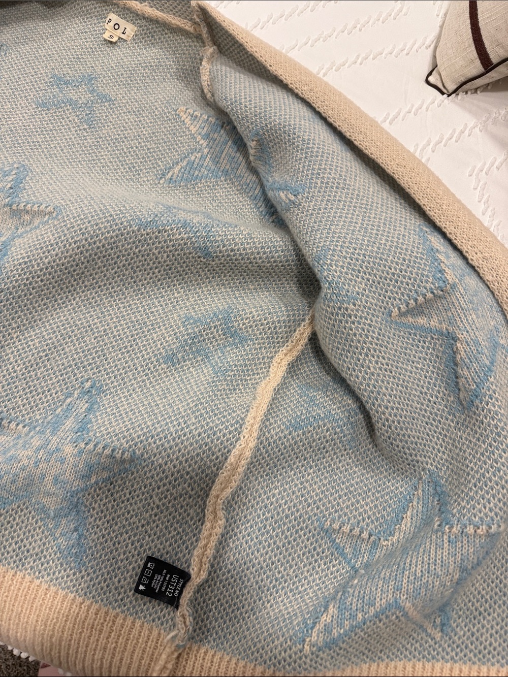POL Small Oatmeal Blue Star Bouclé Open Front Cardigan Cozy Oversized Boho - Picture 6 of 9
